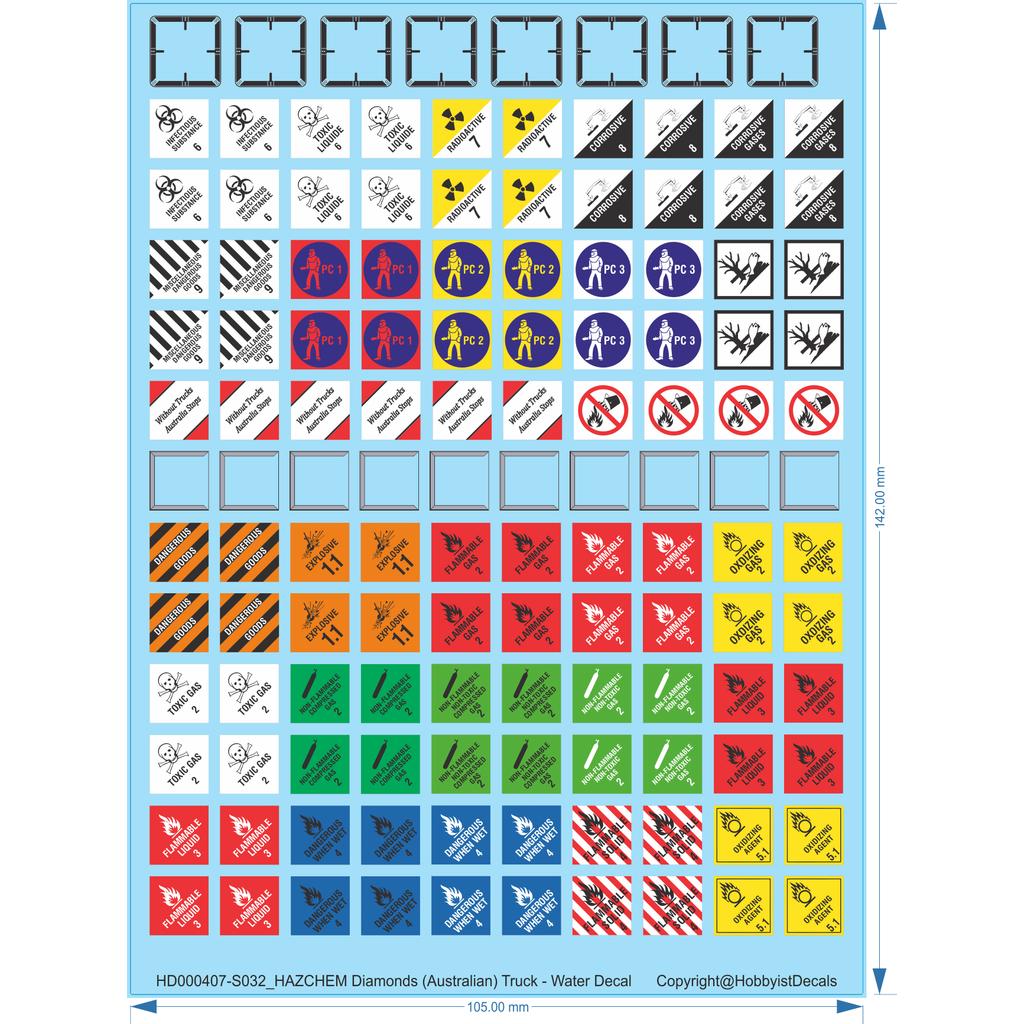 HAZCHEM Diamonds (Australian) Truck - 1/14 1/16 1/25 1/32 1/43 1/50- Water Decal - Waterslide, 1/14