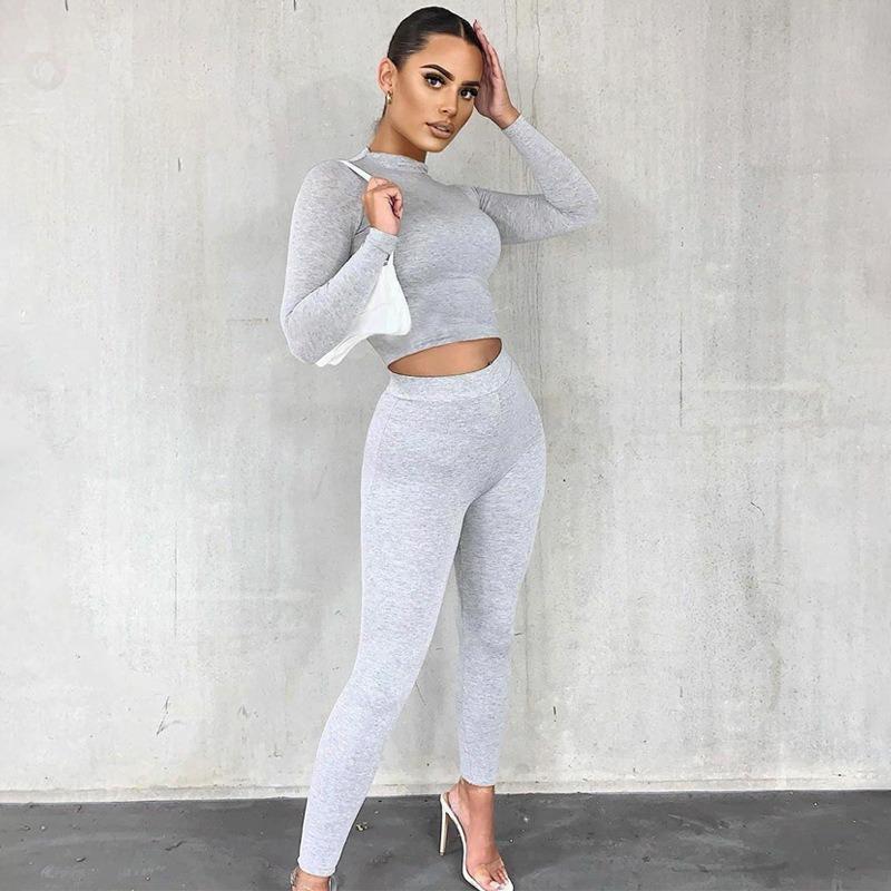 VEZFAA Women's Fashion Casual Spring Autumn Solid Color Print Long Sleeve O-Neck Trousers Pants Suits
