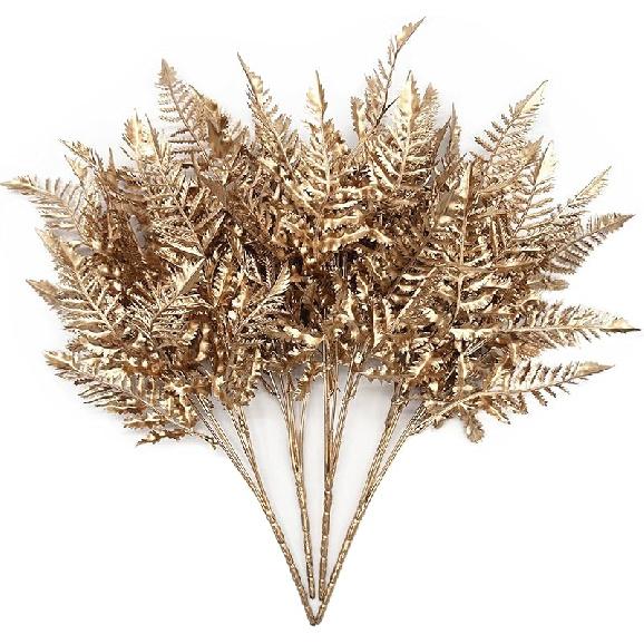PASYOU Fake Leaves Plants for Christmas Decor, Gold Artificial Shrubs Grass Foliage Plastic Bulk Leaf Indoor Outdoor Home Garden Party Hotel Verandah