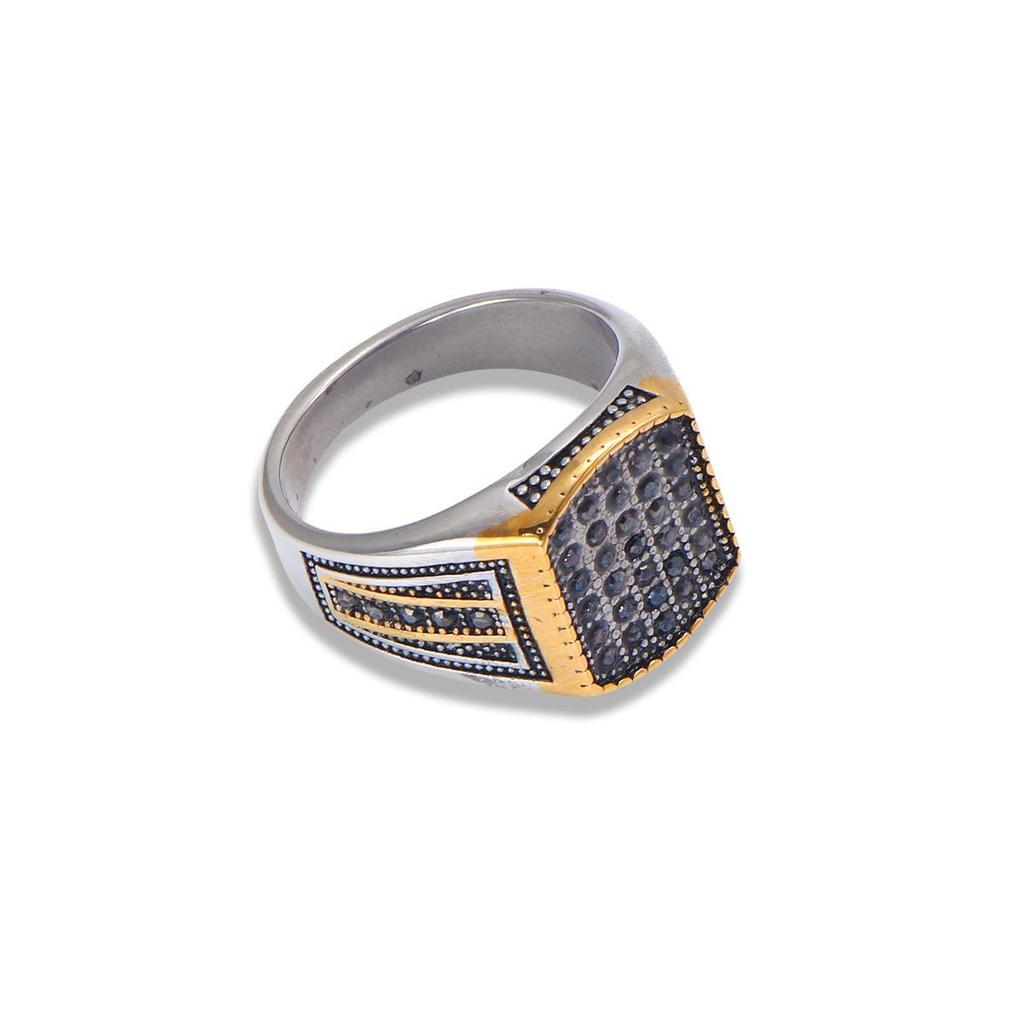 LNCHRAN Men's Retro Two-Tone Ring with Black Synthetic Zirconia, 304 Stainless Steel Square Design