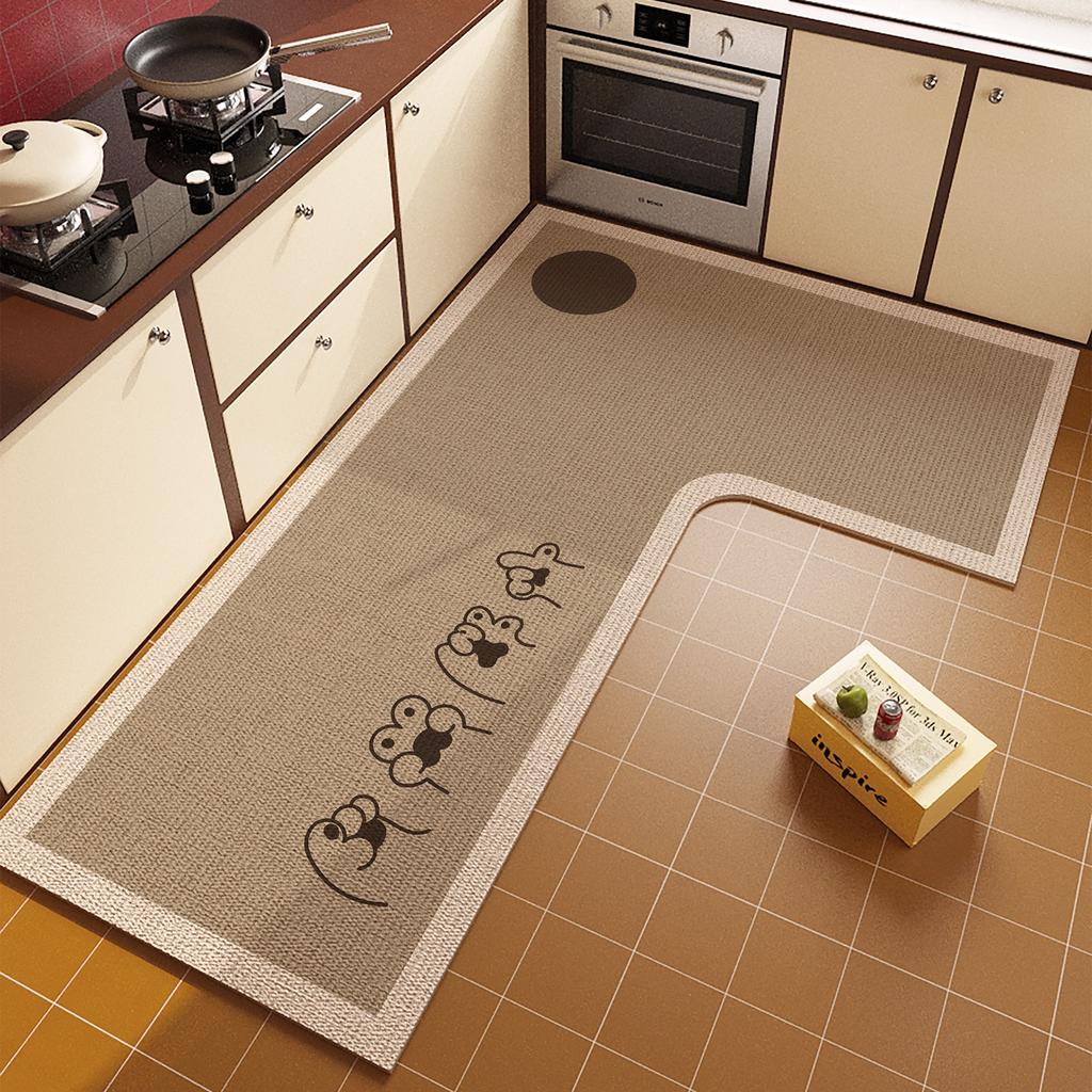 Floor Mat For Kitchen Non-Slip Waterproof Oil-Proof Carpet Cute Paw Pattern Leather Rug L-Shaped Home Decoration Mats