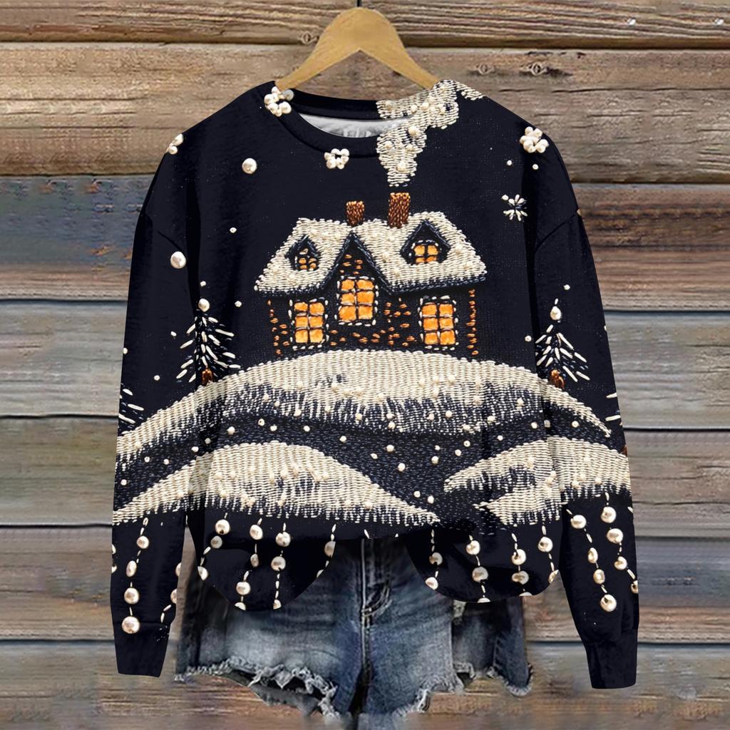 Ladies' Christmas Printed Casual Long Sleeved Round Neck Sports Hoodie Top