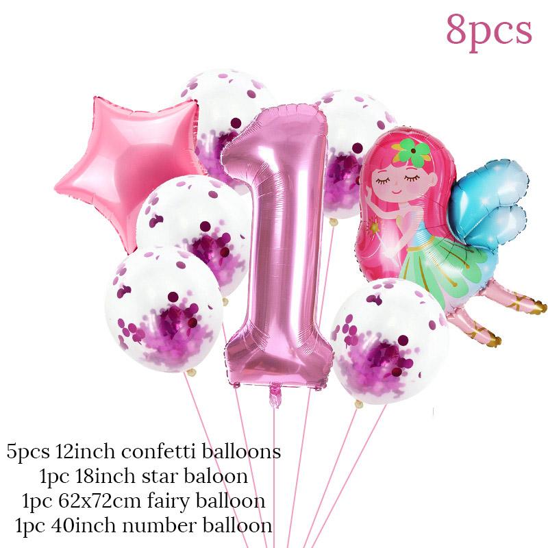 8pcs Girl Birthday Balloons Set Fairy Foil Balloons Number Helium Balloon 1 2 3 4 5 6 7 8 9 Years Old Kids Birthday Party Gifts