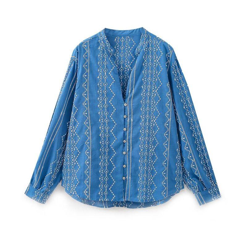 

Kaslead Новое поступление Женская одежда Модный стиль Модный Универсальный Повседневный Вышивка Длинные рукава Топы 8351033 Blue L