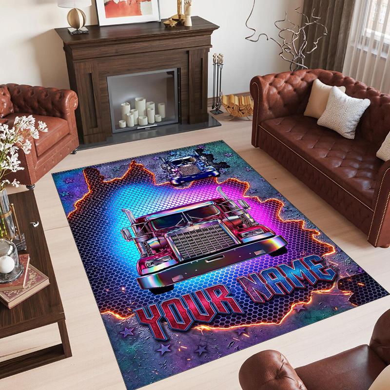 Truck Theme Crystal Velvet Floor Rug Personalized Custom Name Text Warm Carpet Home Decoration