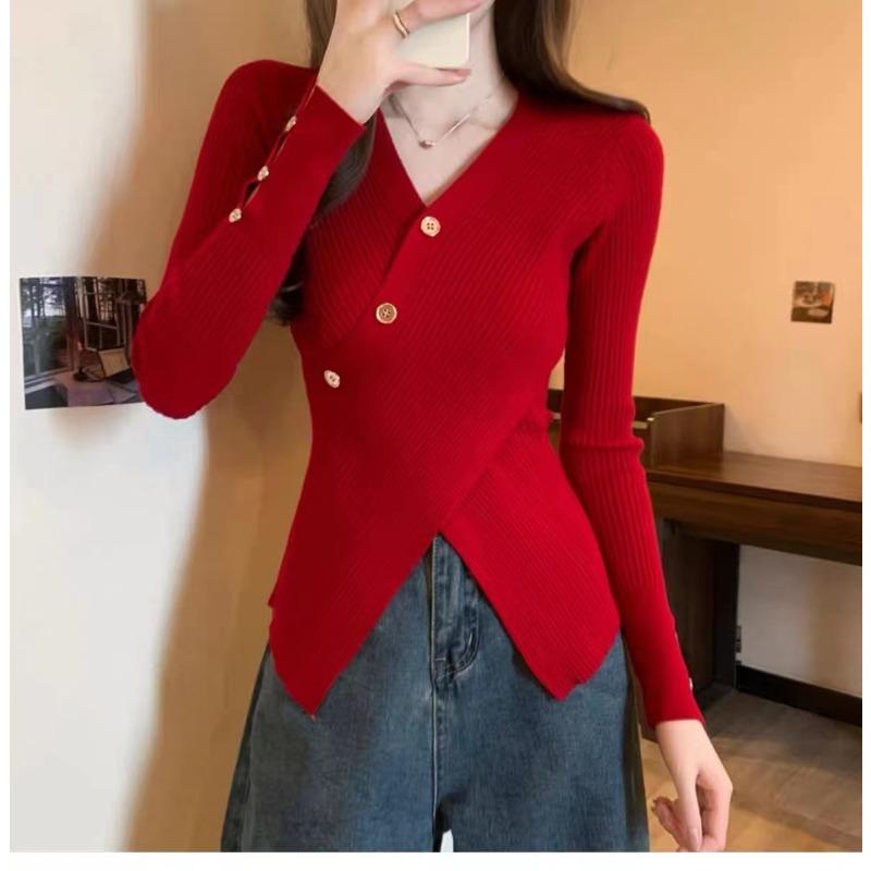 

DAFIFY Женская мода повседневная осень-зима однотонный принт длинный рукав V-образный вырез свитера One Size красный