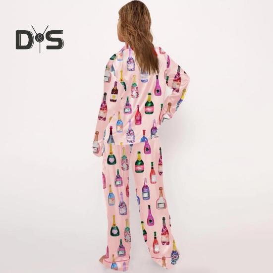 Dámské pyžamo s dlouhým rukávem a knoflíky na láhev šampaňského, košile a kalhoty na spaní, ležérní sada s potiskem sklenic na víno, 2dílná sada domácího oblečení