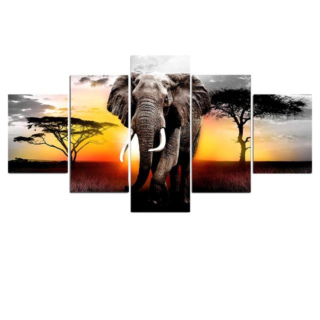 5 Paneler Elefantaffischer Canvasmålning Modern Heminredning Solnedgång Afrikanska Djurtryck Väggkonst Bilder Vardagsrum Utan Ram