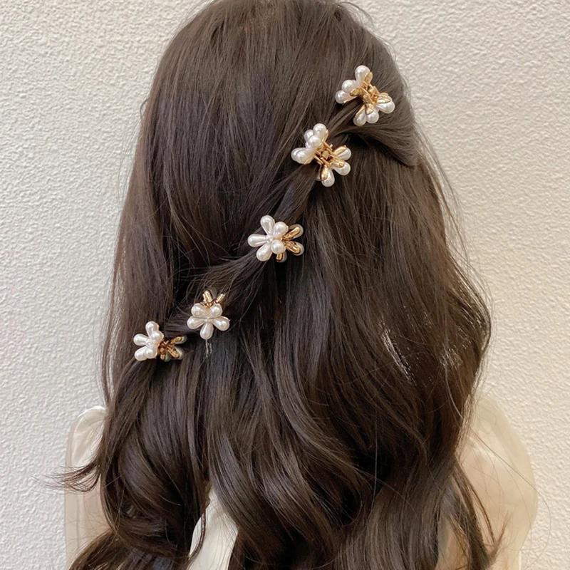 Utsøkte Metallblomst Hårklyper Luksuriøse Imiterte Perler Små Hårspenner Krabbe Hårnåler Barretter For Jenter Barn Hårtilbehør