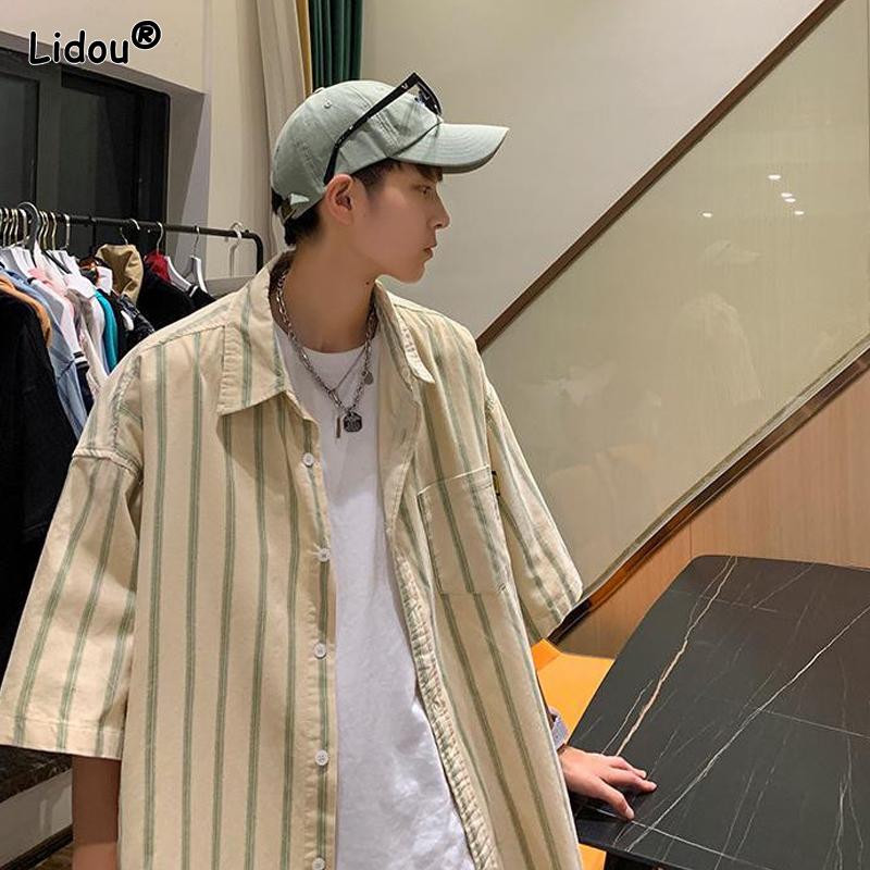Streetwear Shirts Fashion Casual Striped Loose Handsome Turn-down Collar Elbow Sleeve Summer Man Button Pockets Men's Clothing