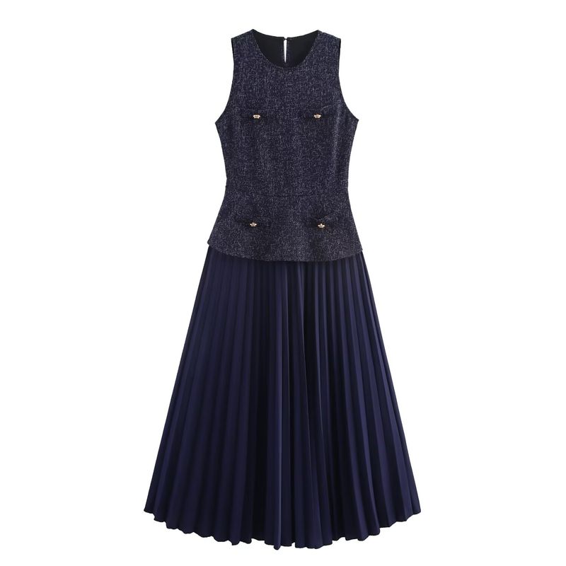

Kaslead New Women clothes Western Style Fashion Simple Temperament Commuter Style round Neck Sleeveless Pleated Skirt Dark blue XL
