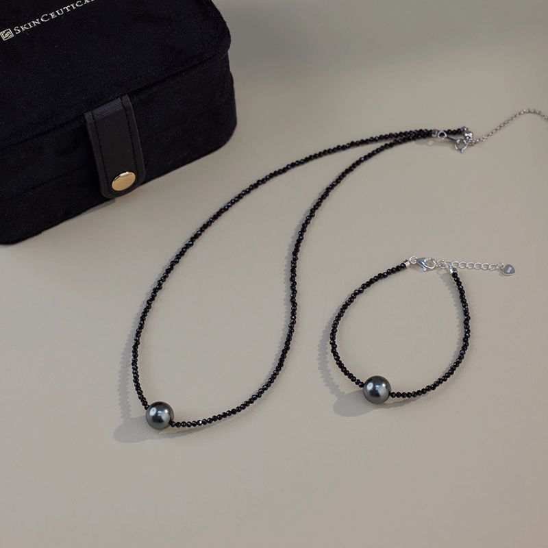 Tahitian Black Shijia Pearl Black Spinel Necklace Femininity Black Crystal Clavicle Chain Bracelet Set