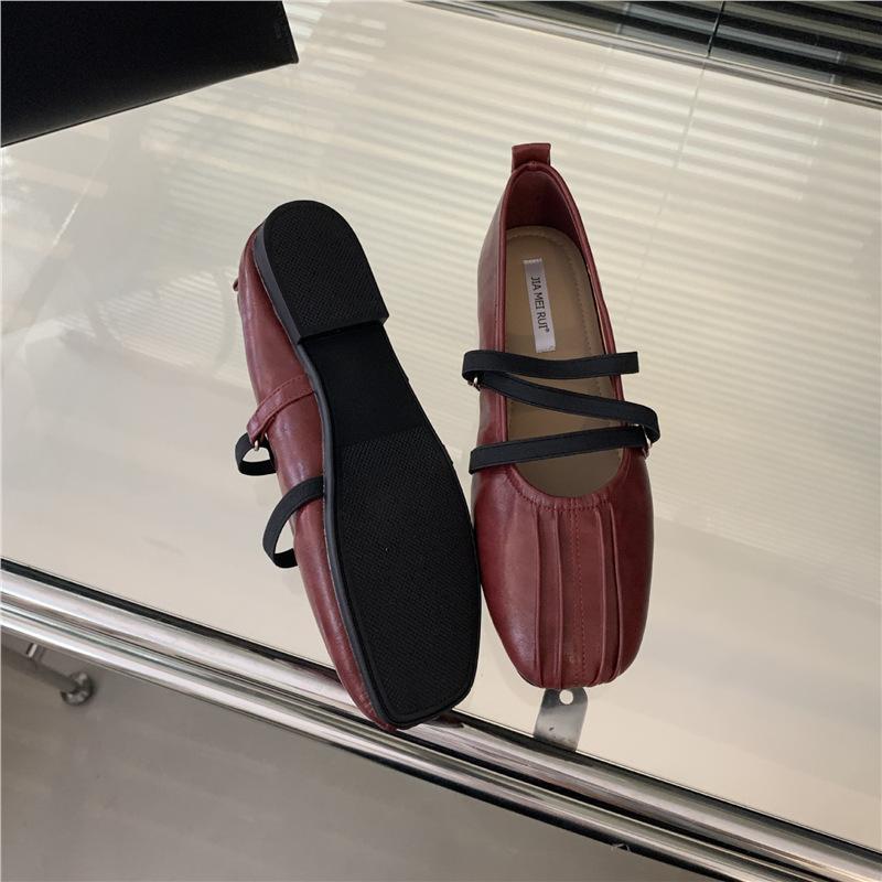 Sheepskin version! Retro pleated ballet Mary Jane shoes women's cross strap niche flat bottom square head with skirt single shoes