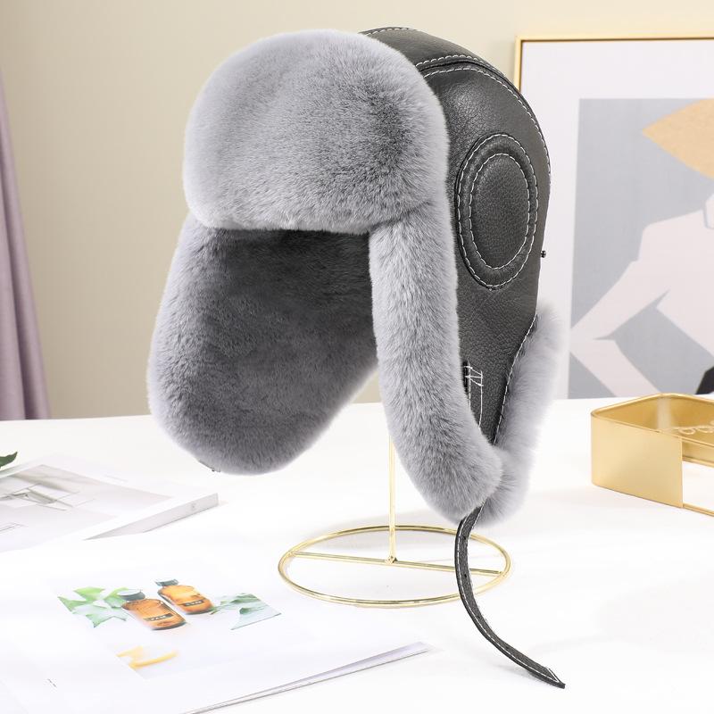 New Winter Men's Rex Rabbit Fur Bomber Hat Ushanka Cap Trapper fluffy Man Ski Hats Caps Real Sheepskin Leather