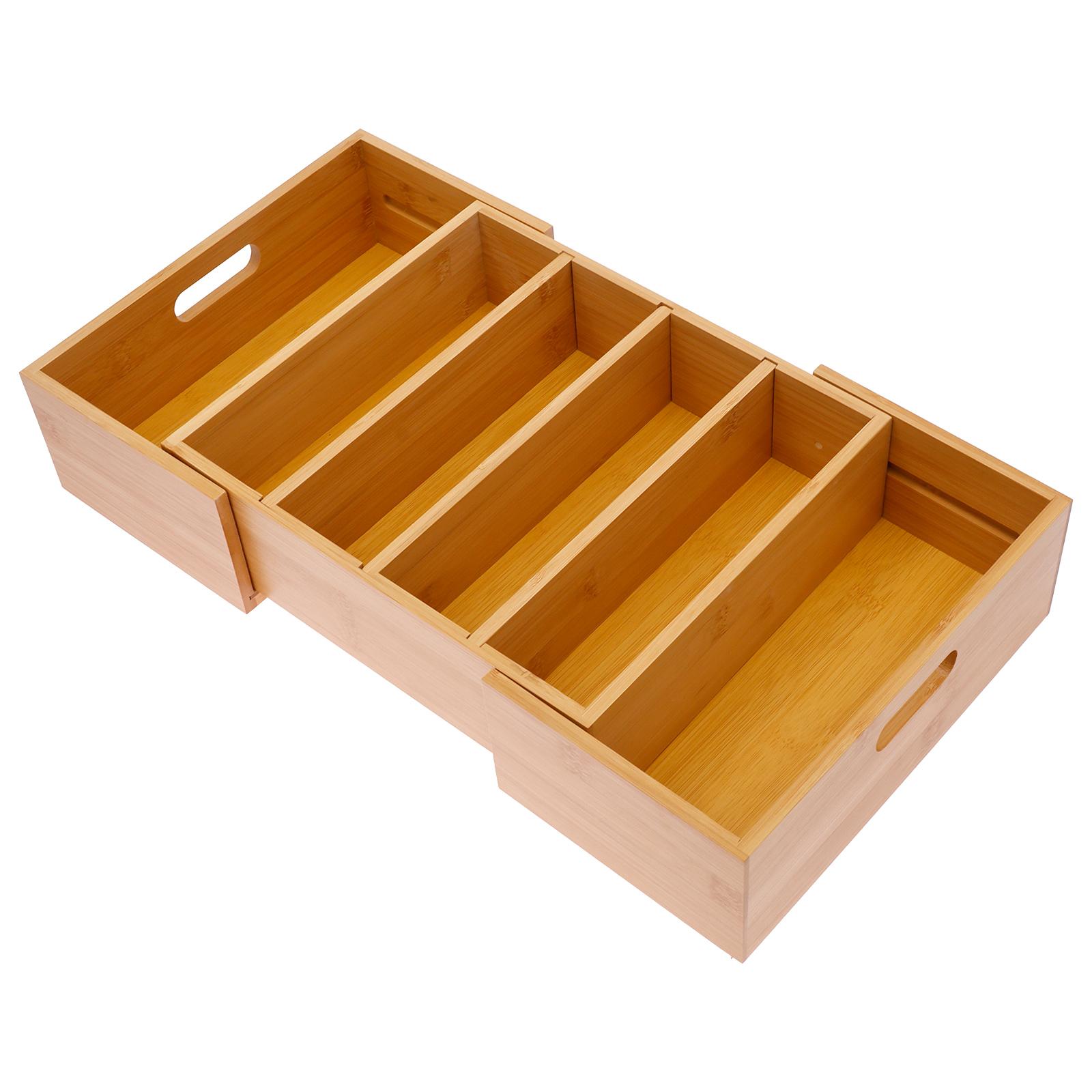 

Expandable Utensil Holder Drawer Organizers Lid Storage Box Bamboo Kitchen Cabinet from 30cm to 49cm with 3 Adjustable Divider