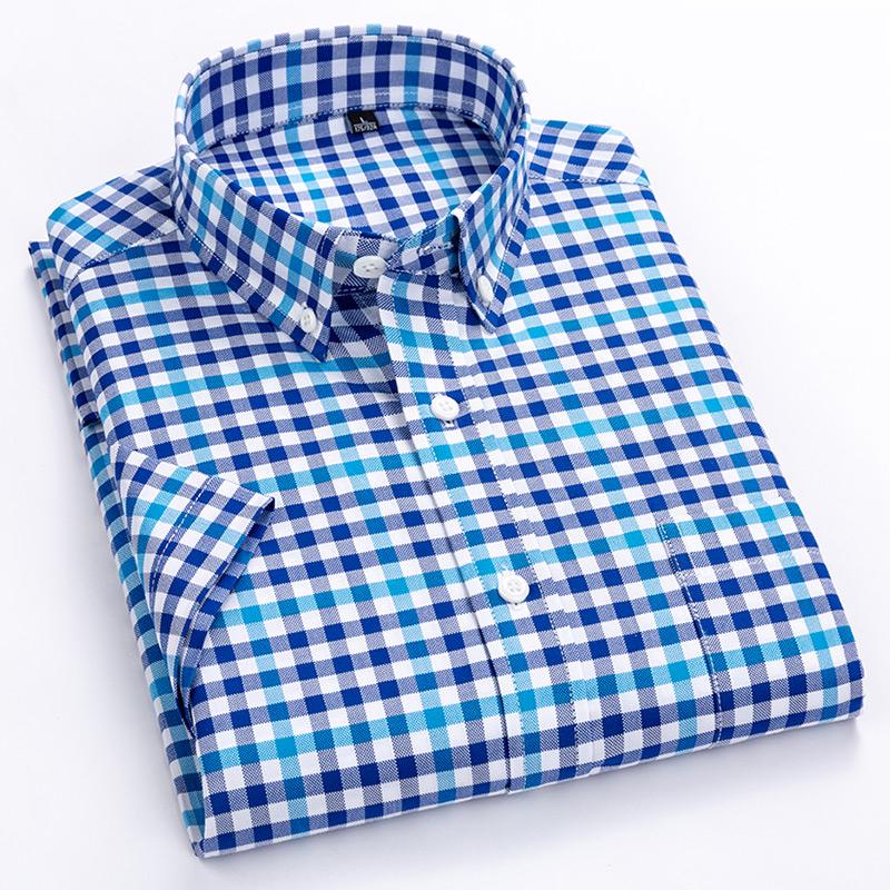 Men's Fashion Plaid Checkered Short Sleeve 100% Cotton Shirt Button-collar Holiday Youthful Striped Summer Casual Gingham Shirts