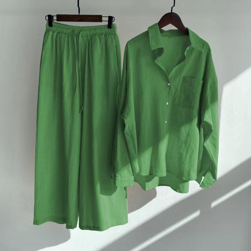 

Women Linen Two Piece Set Button Down Shirt High Waist Wide Leg Pants Outfit S зелений