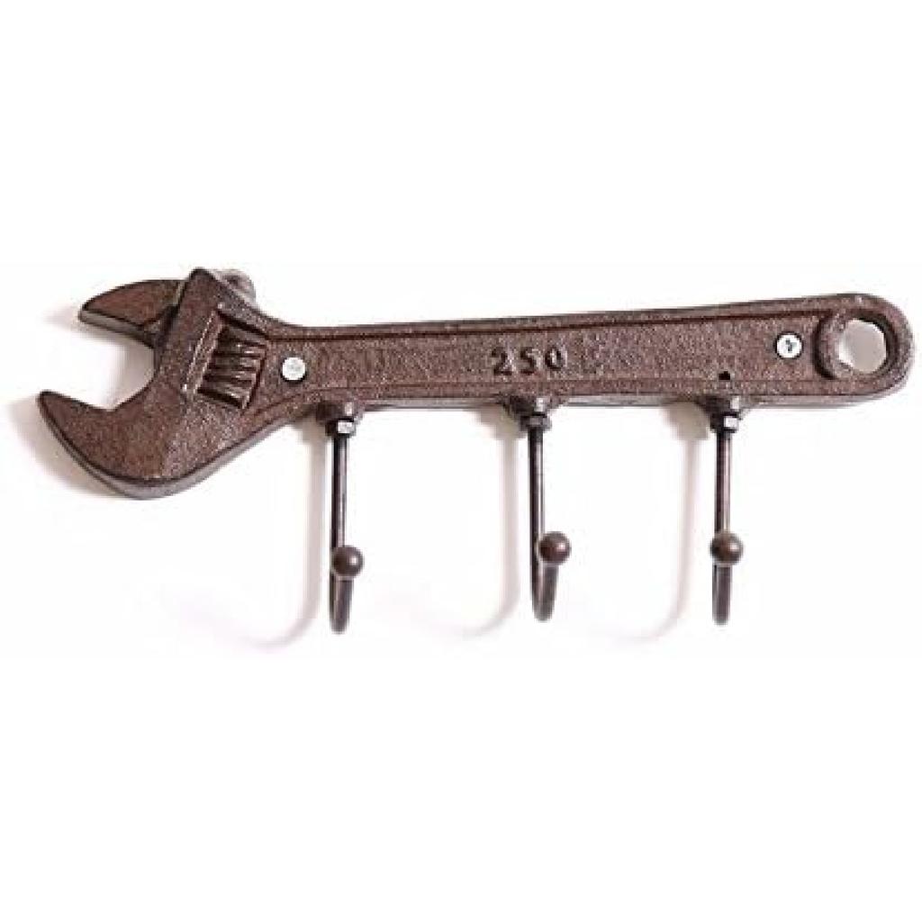 Retro Vintage Key Rack Holder Hooks Cast Iron Wrench Spanner Shape Decorative Wall Mounted Antique Man Cave Garage Tool Holder Coat Hat Rack Hanger