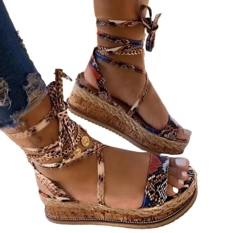 Móda Nové Dámské Sandály Letní Hadí Boty na klínku Etnický potisk Móda Ležérní Šněrování Ženy Boty Plážové Dámské Boty velké velikosti Sandály