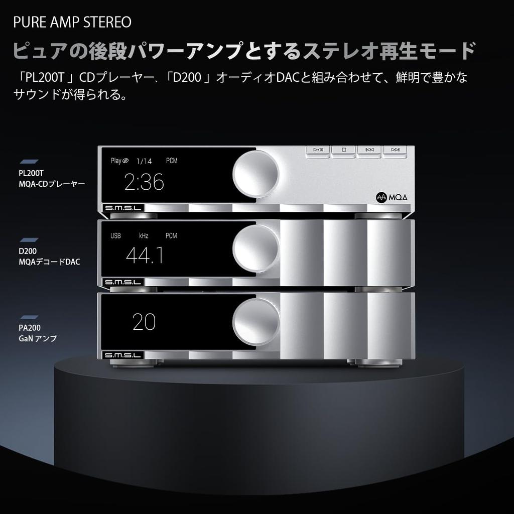 S.M.S.L PA200 Gallium Nitride (GaN) Power Amplifier for StereoMono Hi-Fi Speakers, 2.0ch1ch BTL 400W, RCAXLR Inputs, Class D Audio Digital Amplifier