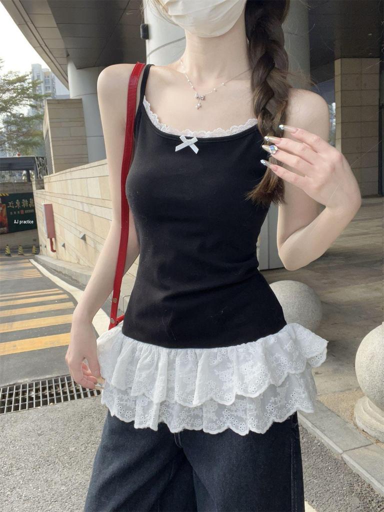 Ballet-Style White Lace Bow Camisole for Women - Spring/Summer 2025 Sleeveless Top