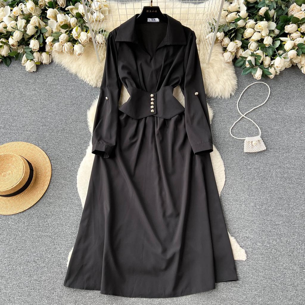 Vintage Spring Autumn Women Dress French Turn-down Collar Full Sleeve Solid Color A-line Female Long Shirt Dresses