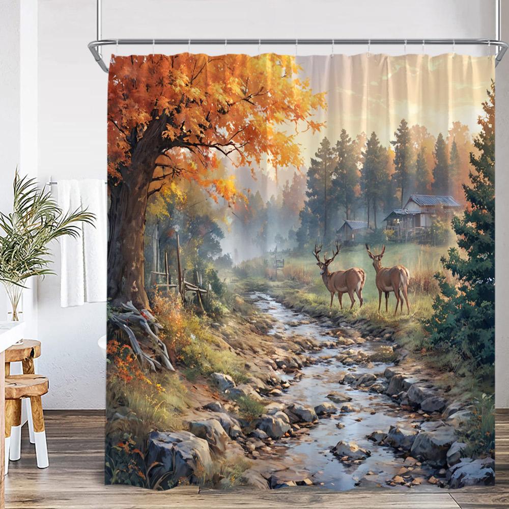Deer Autumn Scenery Shower Curtain Maple Tree Cabin Stream Mountains Nature Landscape Polyester Bathtub Curtain Bath Decorations