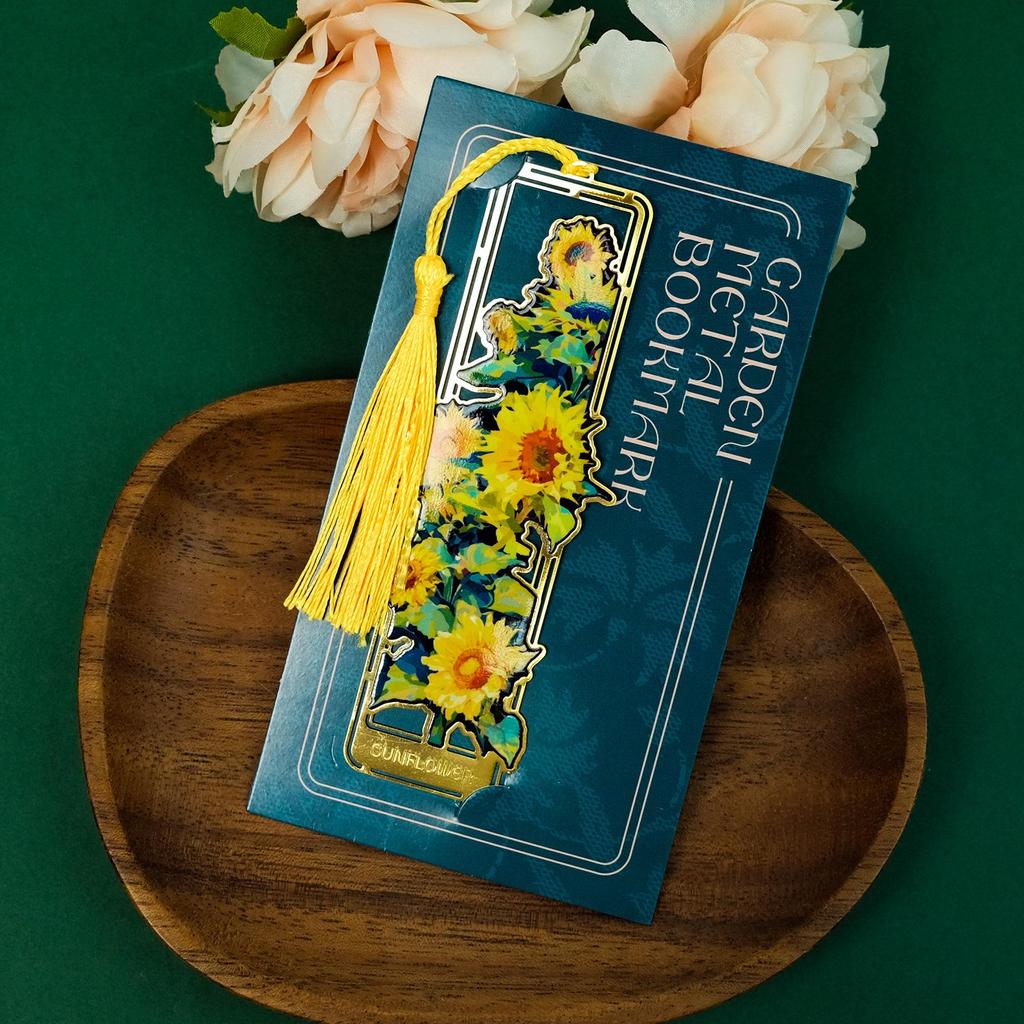 Elegant Floral Metal Bookmark with Tassel - Rose, Sunflower & Hydrangea Design