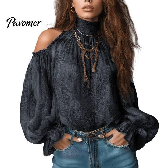 Ethnic Print Shirts Women Fall Cold Shoulder Shirt, Vintage High Casual Ruffle Top Collar Blouse, Lantern Sleeve Breathable Polyester