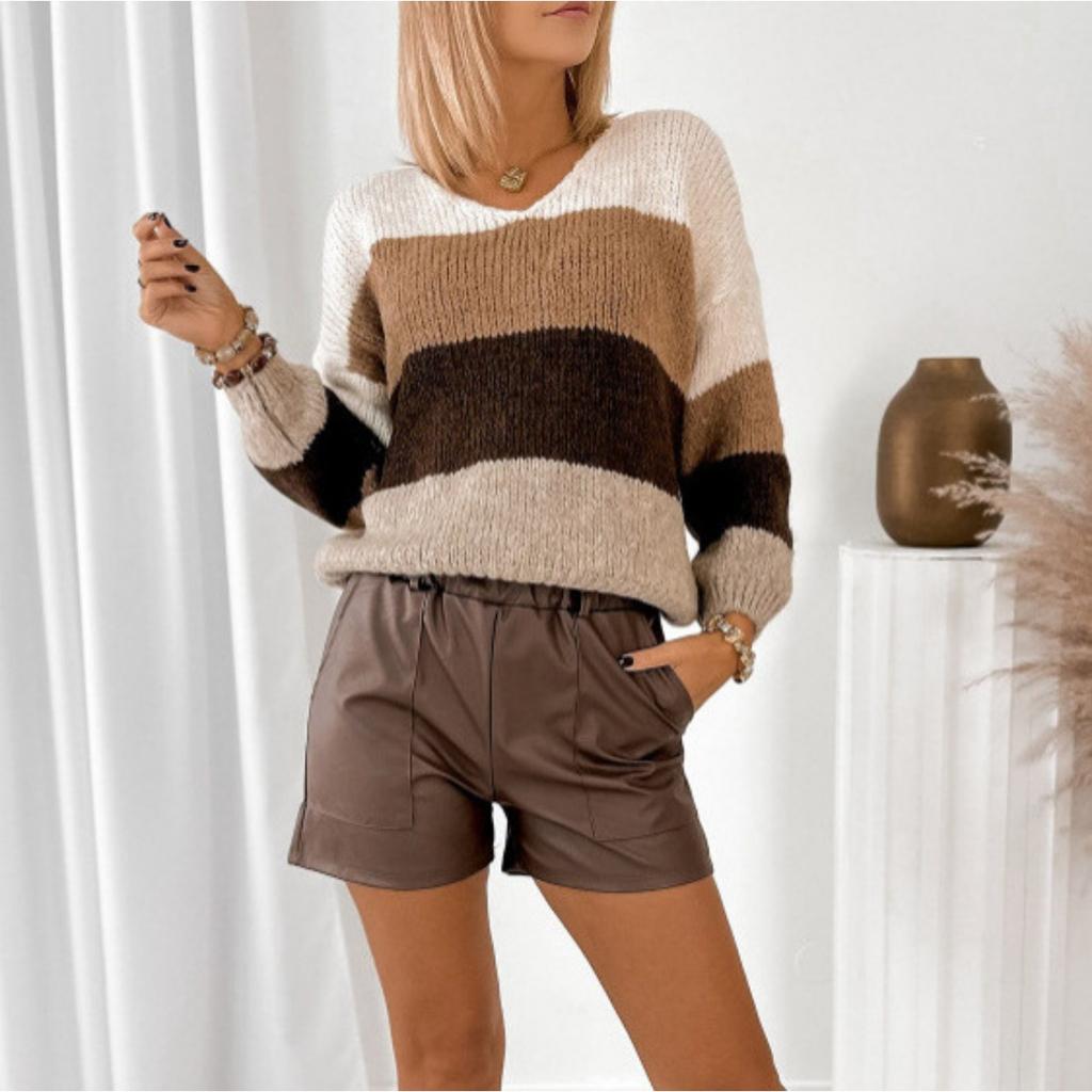 European American French Style Minimalist Contrast Color Stripe V-neck Sweater, Women's Loose Lazy Pullover