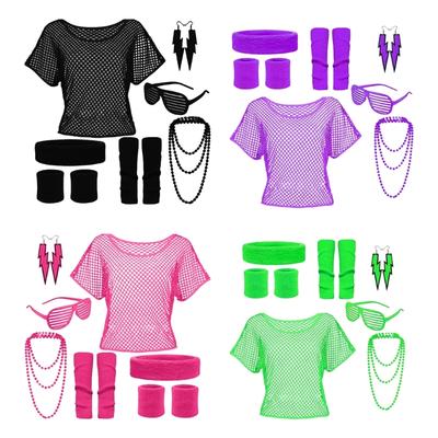 80s Fancy Dress Costume Accessories Workout Headband Earring Fishnet Shirt Necklace Bracelet for 80s Retro Party Decors