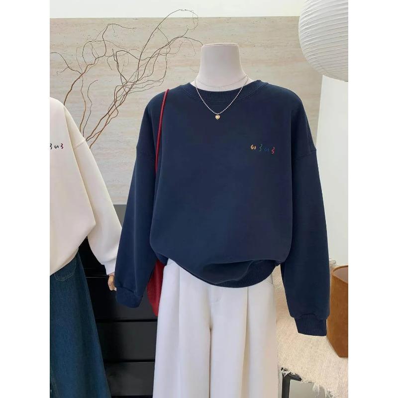 Autumn and Winter Korean Style Embroidered Thickened Velvet Warm Loose Round Neck Pullover Sweatshirt for Women