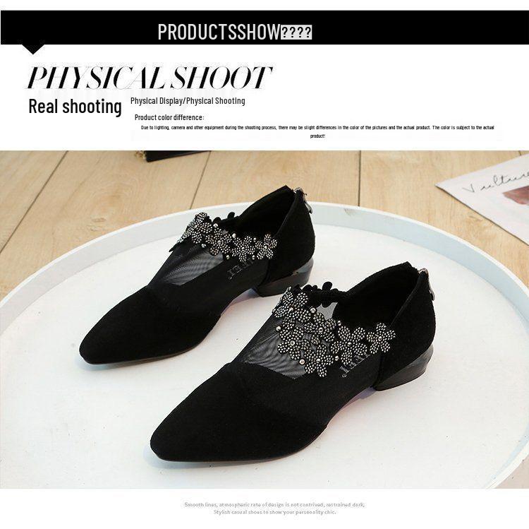 2022 Frühling Mode Klobiger Absatz Spitzzehen Strass Mesh Stiefel mit Floraler Applikation