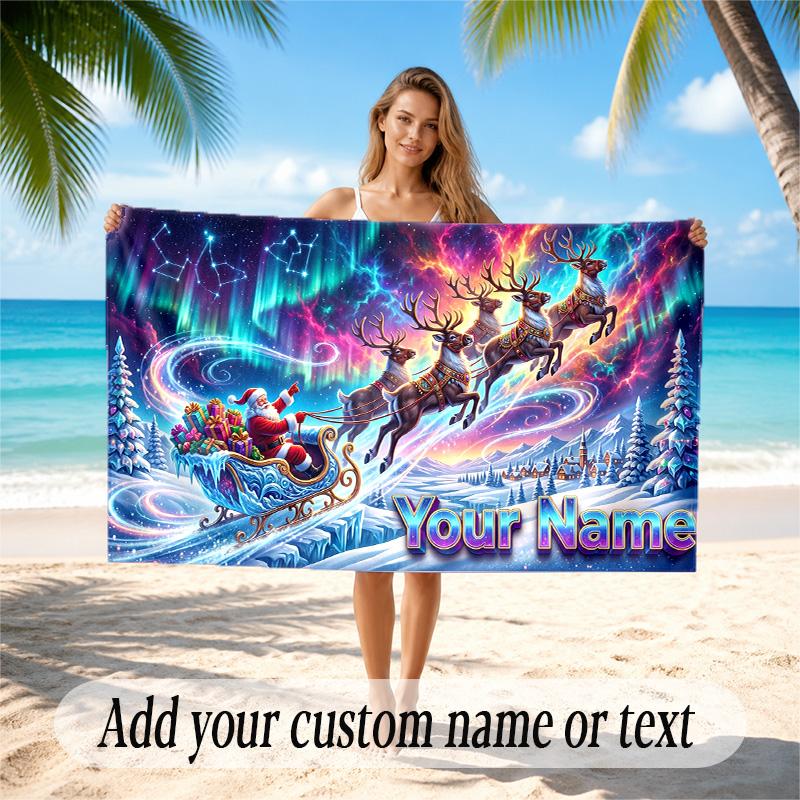 Christmas Theme Quick Dry Beach Towel Custom Name Text Print Large Sand Resistant Towel Beach Vacation