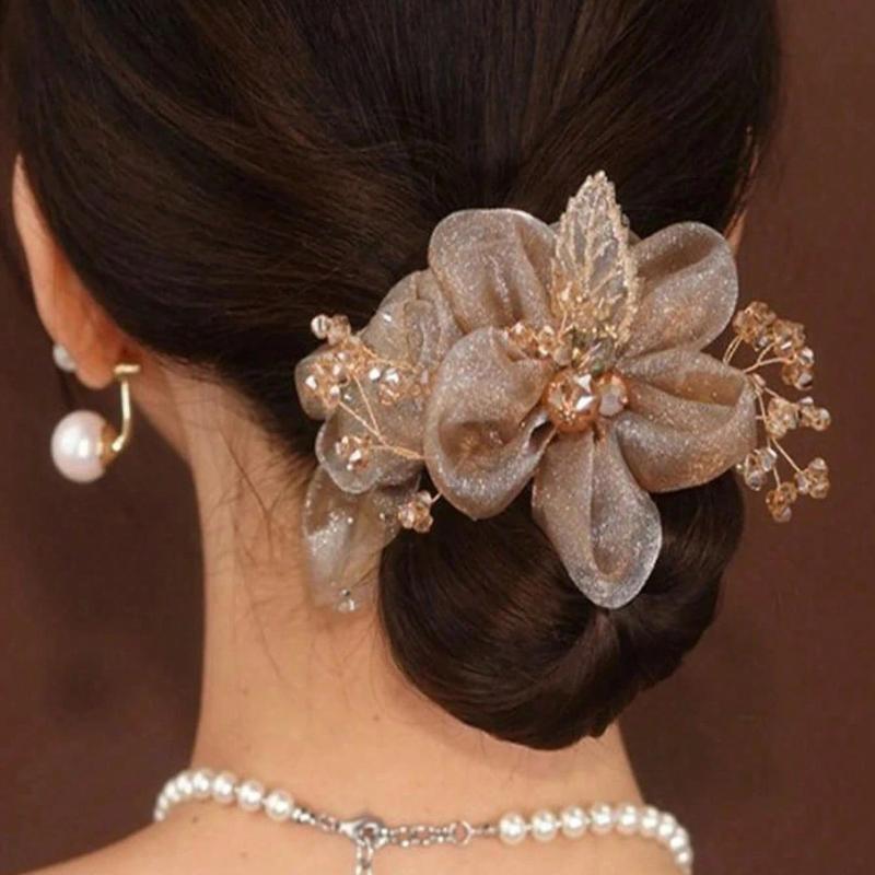 1pc New Floral & Leaf Design Hair Scrunchie with Rhinestones, Fashionable Hair Accessory with Elegant Feel
