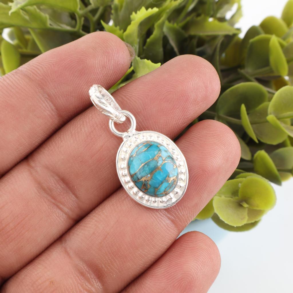 Blue Copper Turquoise Handmade Gemstone Pendant, 925 Solid Sterling Silver Pendant Antique Jewelry, For Engagement Gift