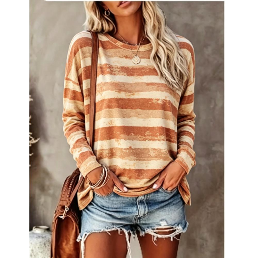 Damen Langarm-T-Shirt Vintage Ausgeblichener Farbblock Streifenprint Rundhalsausschnitt Lässige Herbst-Oberteile