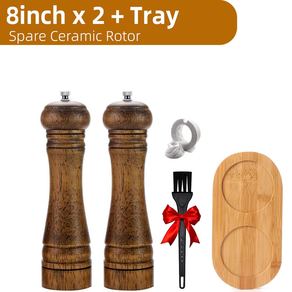 Wood Salt and Pepper Grinder Set, Pepper Mill, Salt Shakers w/Adjustable Ceramic Rotor- Refillable - Oak Wood