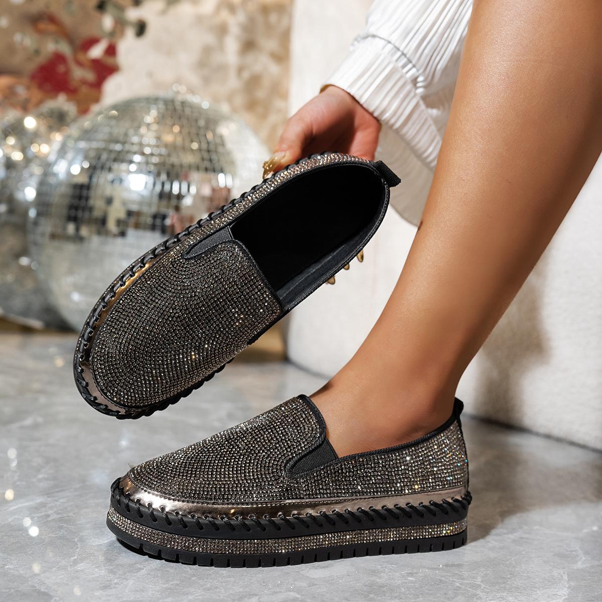 

Luxury Women Flats Rhinestone Bling Sneakers Comfortable Platform Shoes Women Slip on Shallow Casual Designer Shoes 35 чёрный