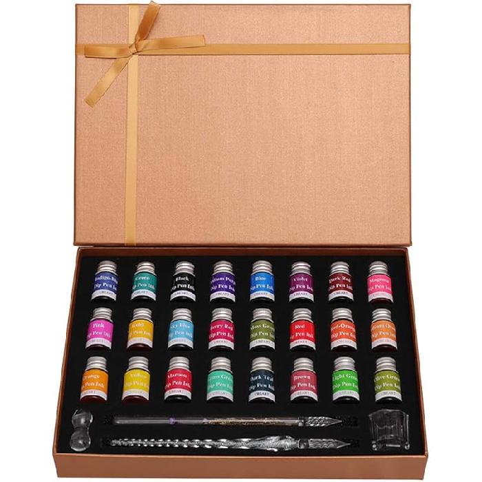 Glass Dip Pen Set,28 Pieces Calligraphy Set Includes 24 Color Inks Cleaning Cup Pen Holder 2 Crystal Glass Pens,Calligraphy Kit Ideas for Birthday Gold Box