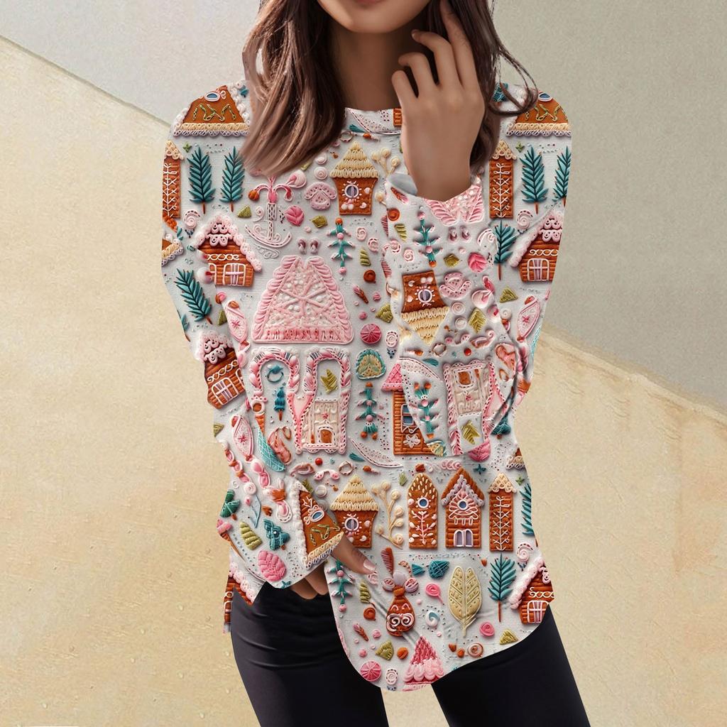 Pullover-Oberteil mit lässigem Modedruck für Damen, langärmelig, Rundhalsausschnitt
