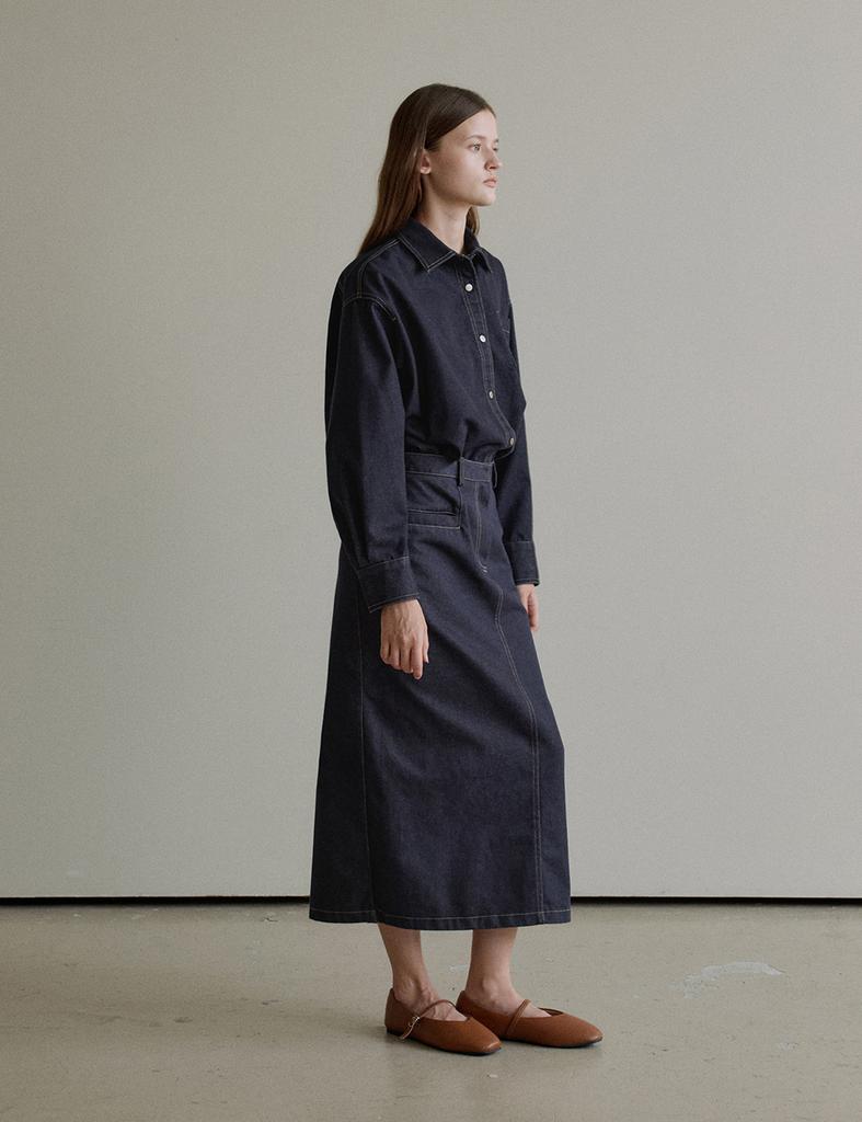 The Ello Long Denim Skirt (Blue)