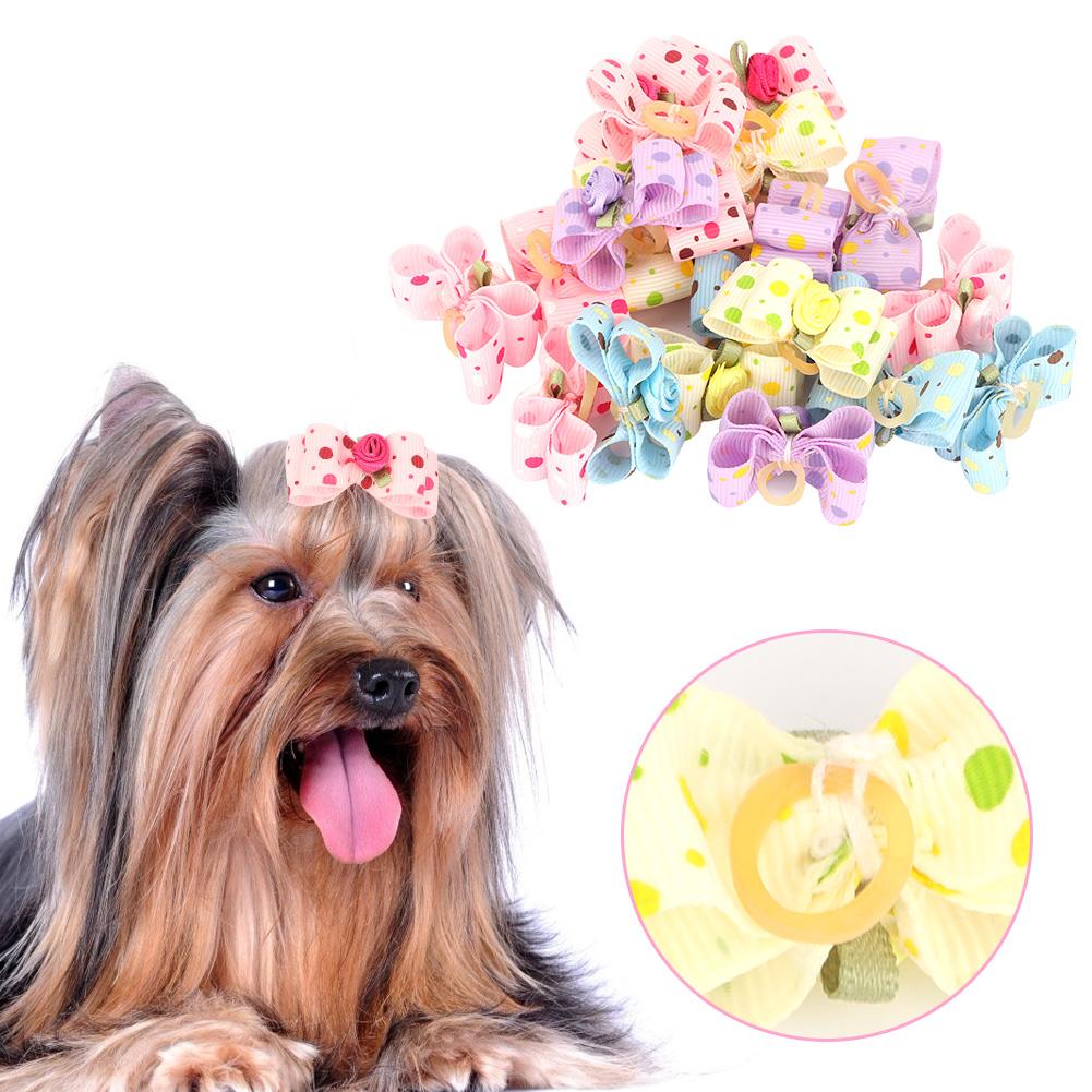 20Pcs Dog Hair Bowknot with Elastic Band Pet Puppy Teddy Grooming Hair Accessories Random Color