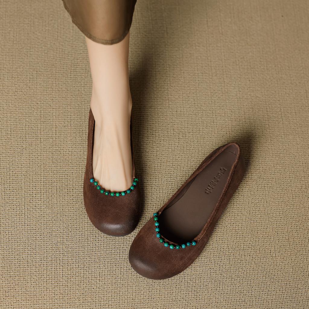 2025 Spring New Low-heeled Leather Beaded Shallow Single Shoes Women's Flat Bottom Round Head Retro Original Grandma Shoes National Style
