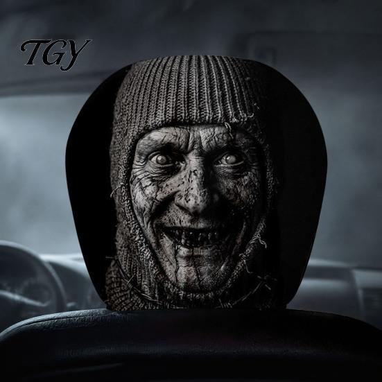 Funny Prank Car Accessories 2Pcs Ghost Face Headrest Covers, Halloween Horror Seat Decorations, Holiday Atmosphere Decor Universal Fit