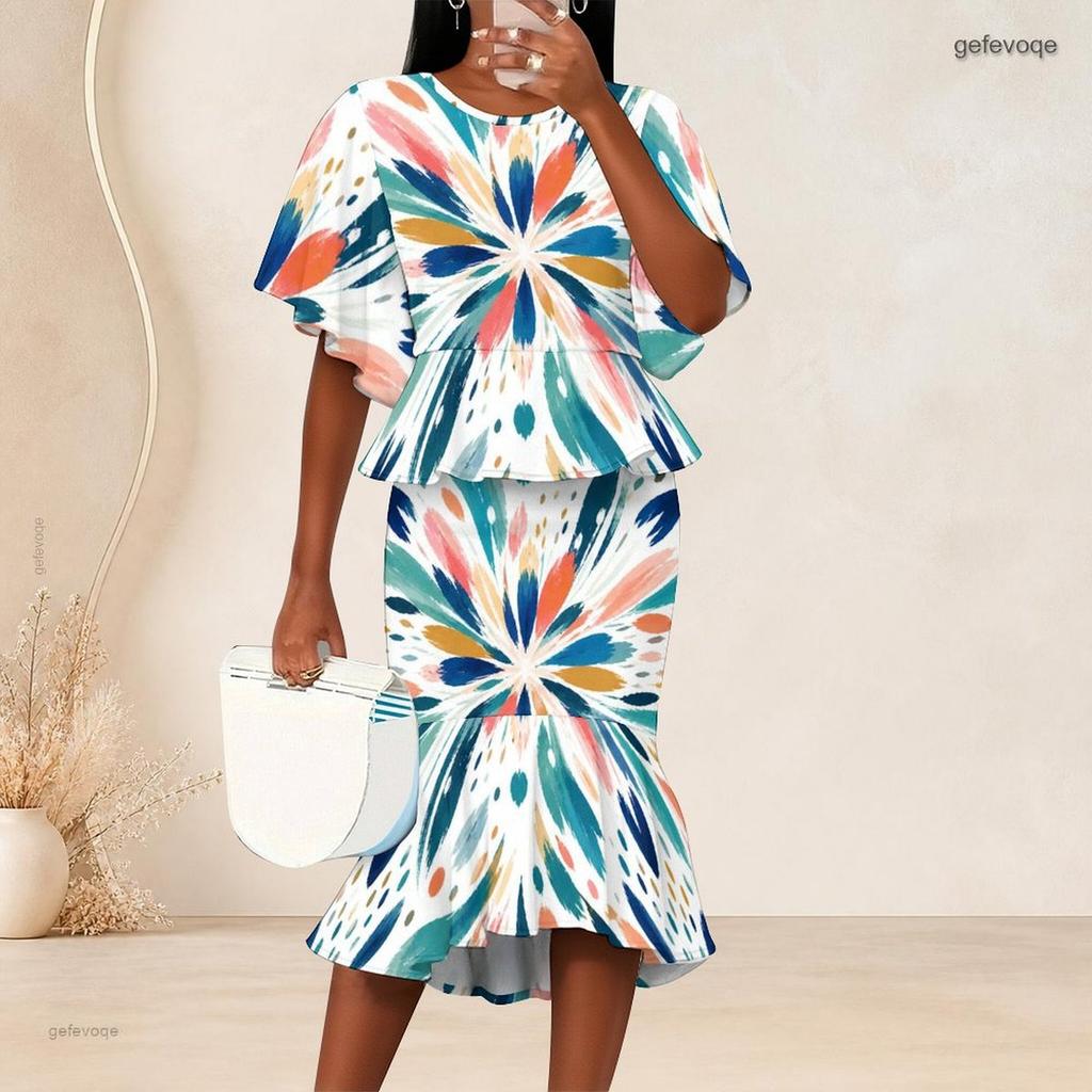 Women Plus Size Printed Round Neck Batwing Sleeve Ruffle Hem Top Fishtail Skirt Two Piece Set