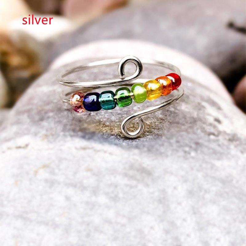 

Модные радужные бусины, женское декомпрессионное кольцо, вращающееся анти-беспокойное кольцо с радужными бусинами, ювелирные изделия YSL серебряный