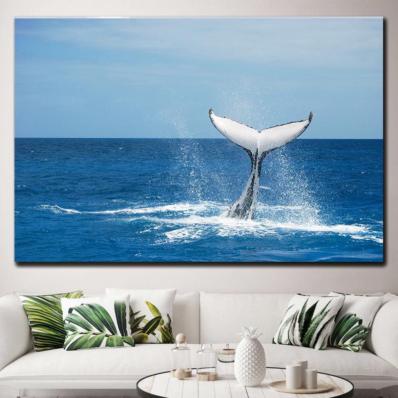 Natural Blue Whale Fish Tail Canvas Painting Wall Art Seascape Animal Killer Whale Posters and Prints for Living Room Home Decor
