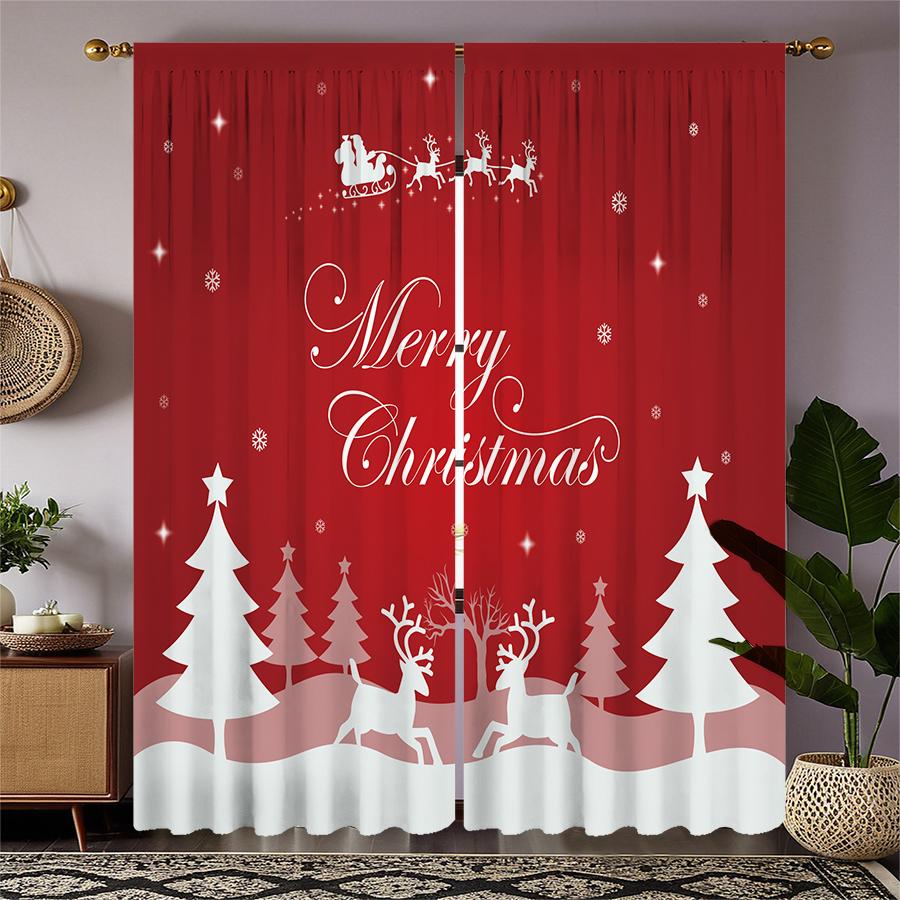 2pcs- Christmas Santa Claus Christmas Tree Pattern Printed Curtains   Christmas Decorations   Home Decorations   Room Decorations