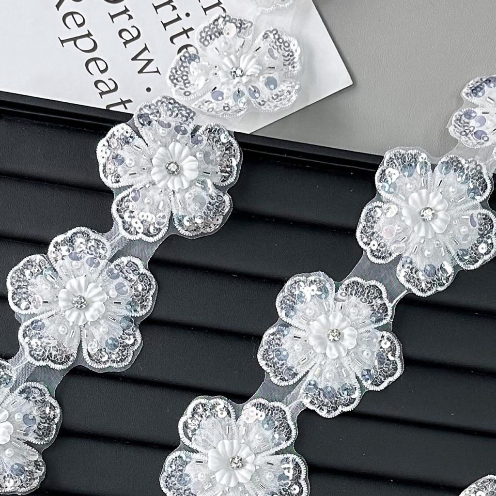 7Cm White Embroidered Lace With Diamonds, Skirt With Beaded Lace Mesh Diy Lace Accessories